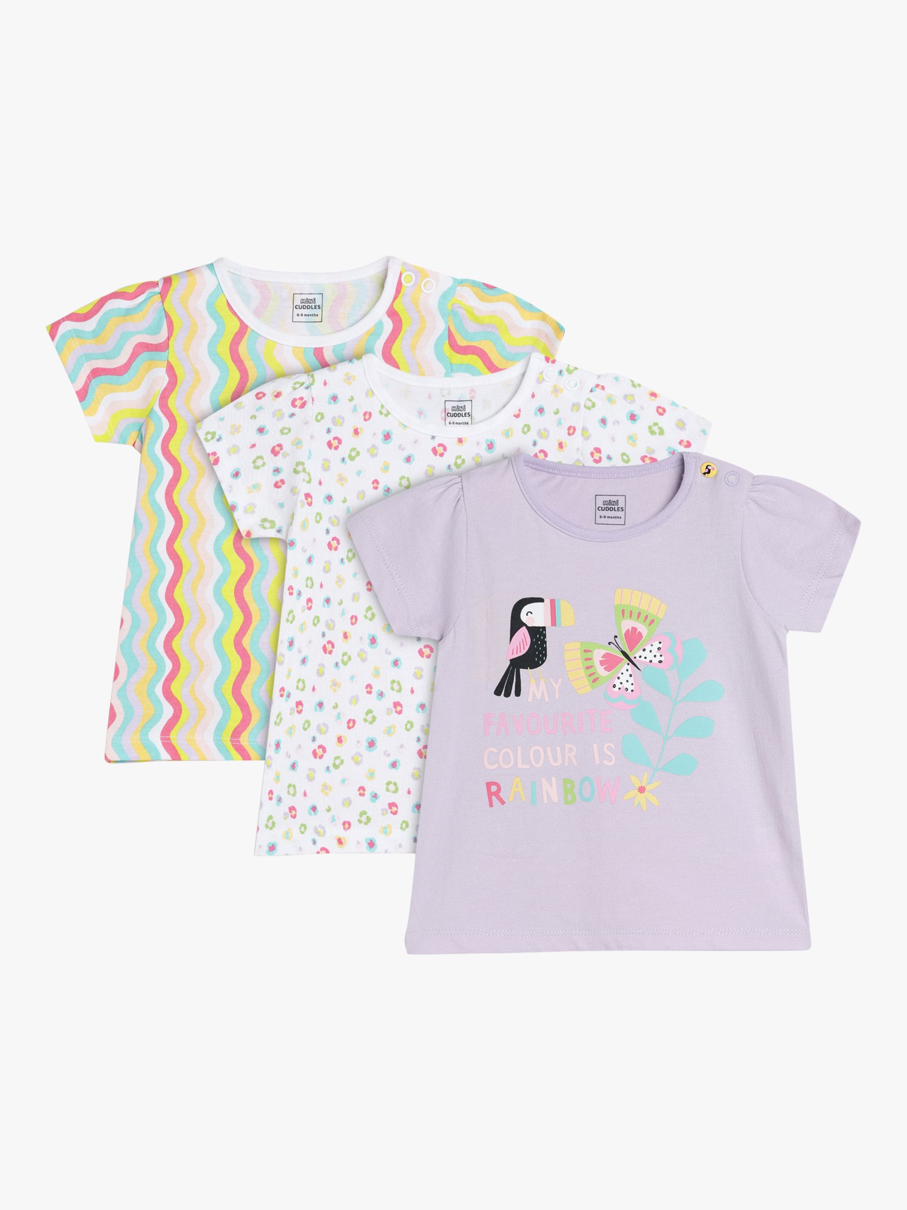 Mini Cuddles Baby Wavy Stripe, Floral & Tropical Bird Graphic T-Shirts, Pack Of 3, Pink/Multi, 6-9 months