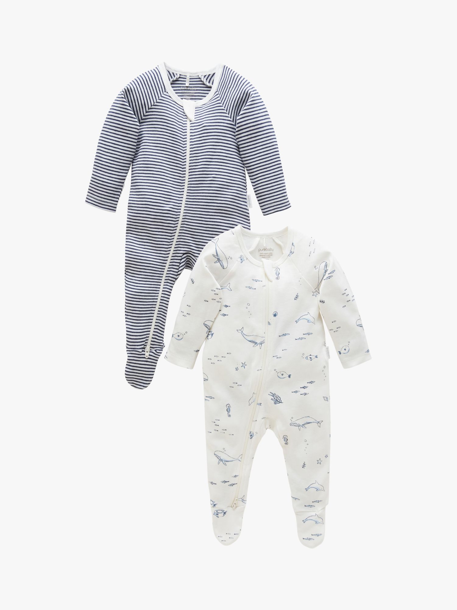 Purebaby Baby Organic Cotton Whale Stripe Zip Sleepsuit, Pack of 2, Vanilla/Nautical, Newborn