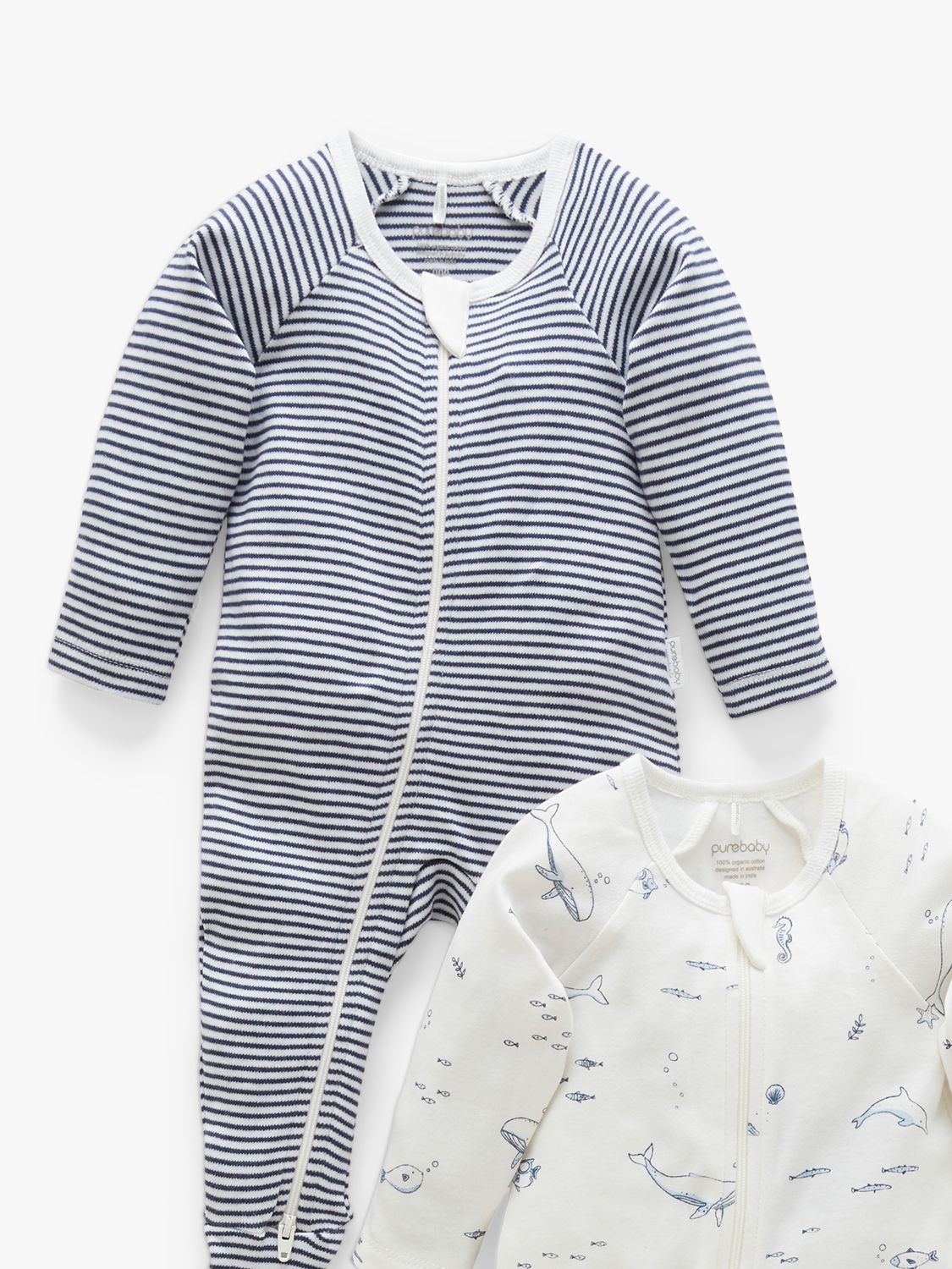 Purebaby Baby Organic Cotton Whale Stripe Zip Sleepsuit, Pack of 2, Vanilla/Nautical, Newborn