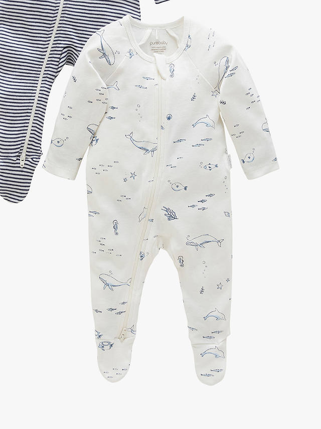 Purebaby Baby Organic Cotton Whale Stripe Zip Sleepsuit, Pack of 2, Vanilla/Nautical