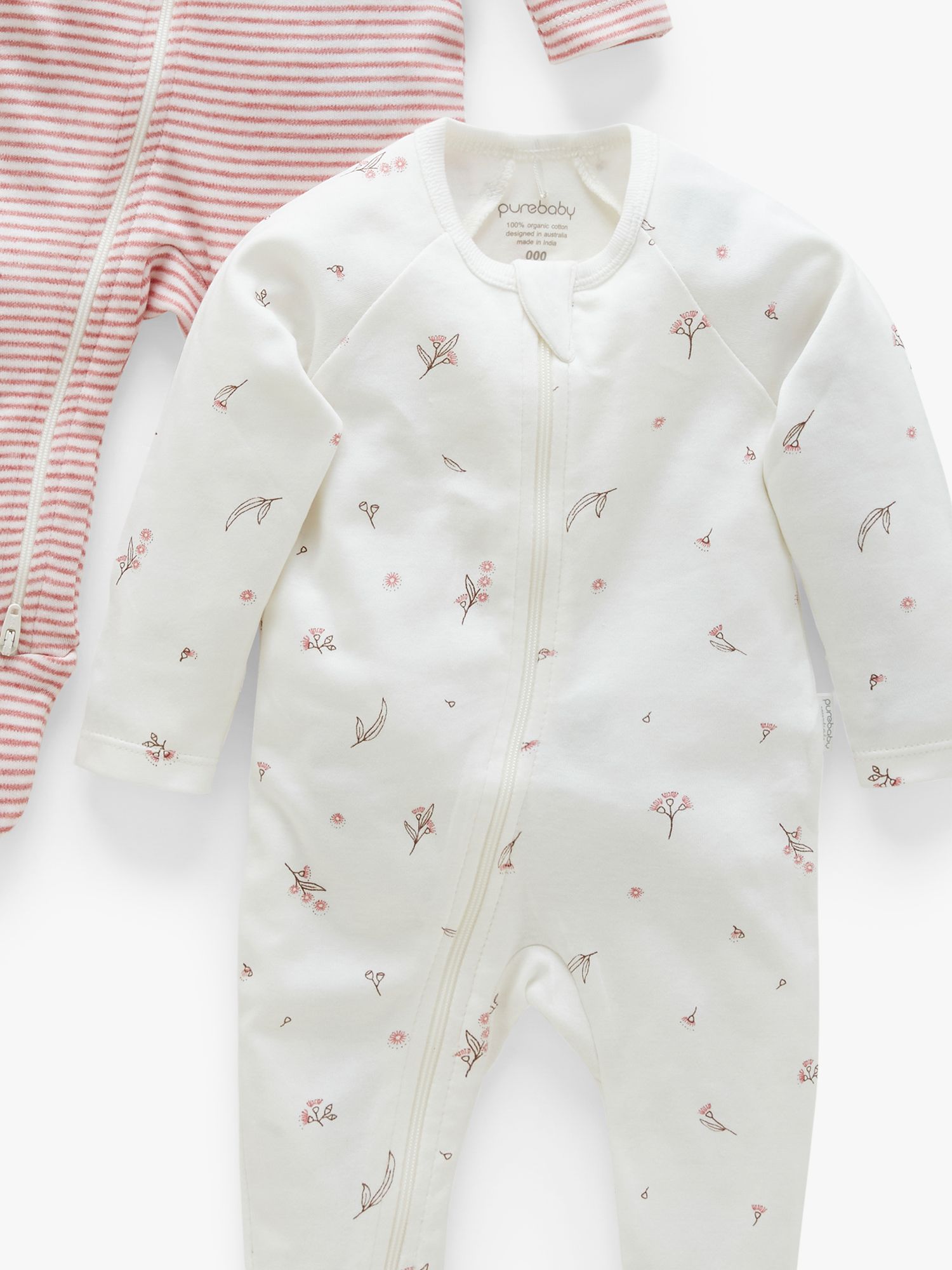 Purebaby Baby Organic Cotton Floral Stripe Sleepsuit, Pack of 2, Blossom, 3-6 months