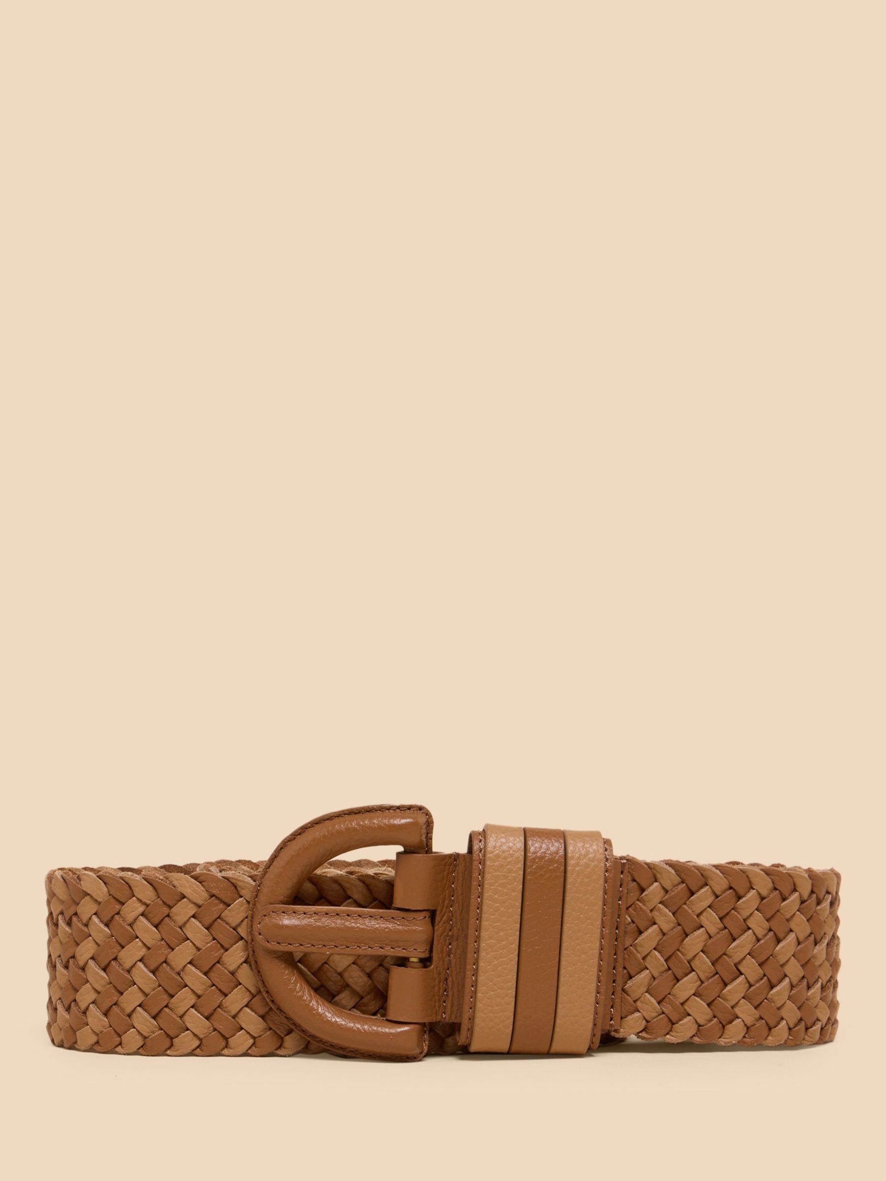 White Stuff Weave Leather Belt, Light Tan, S-M