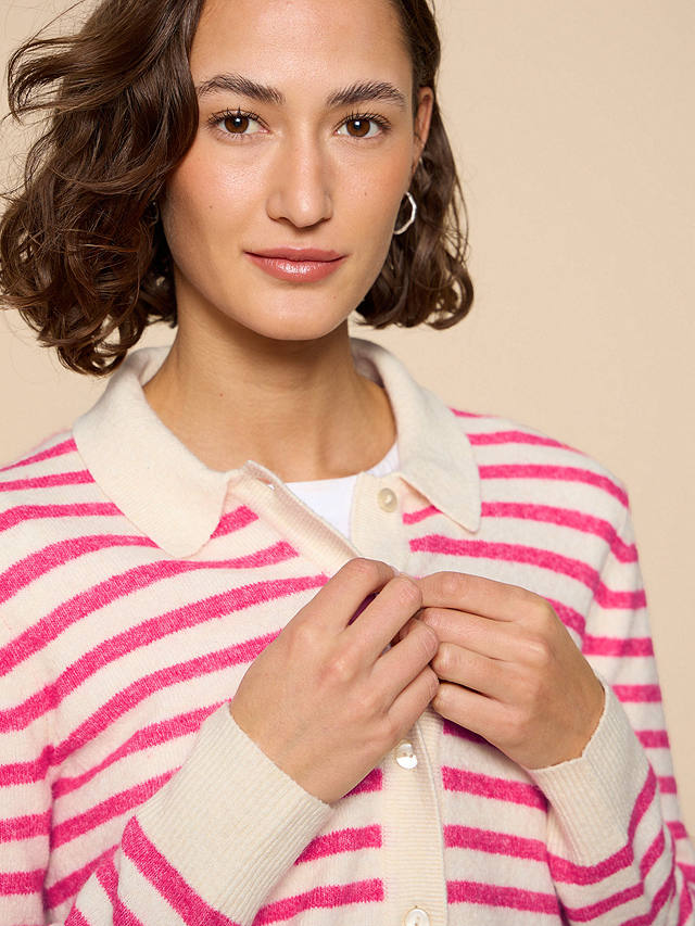 White Stuff Peony Collared Stripe Cardigan, Pink/Multi