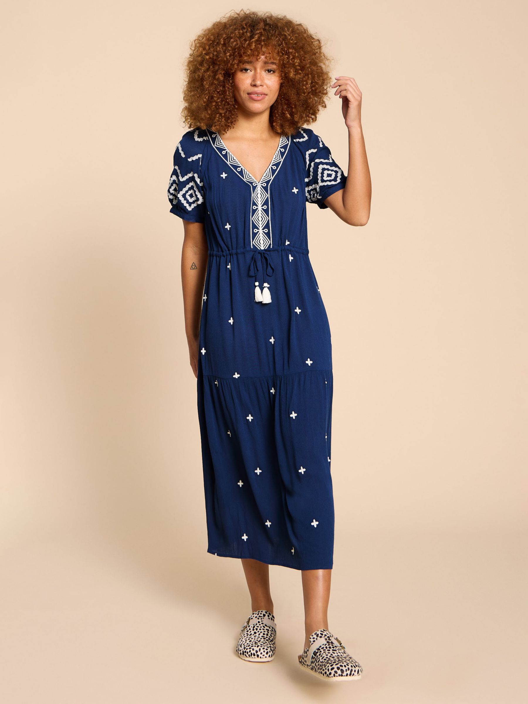 White Stuff Mauve Embroidered Midi Dress, Blue, XS