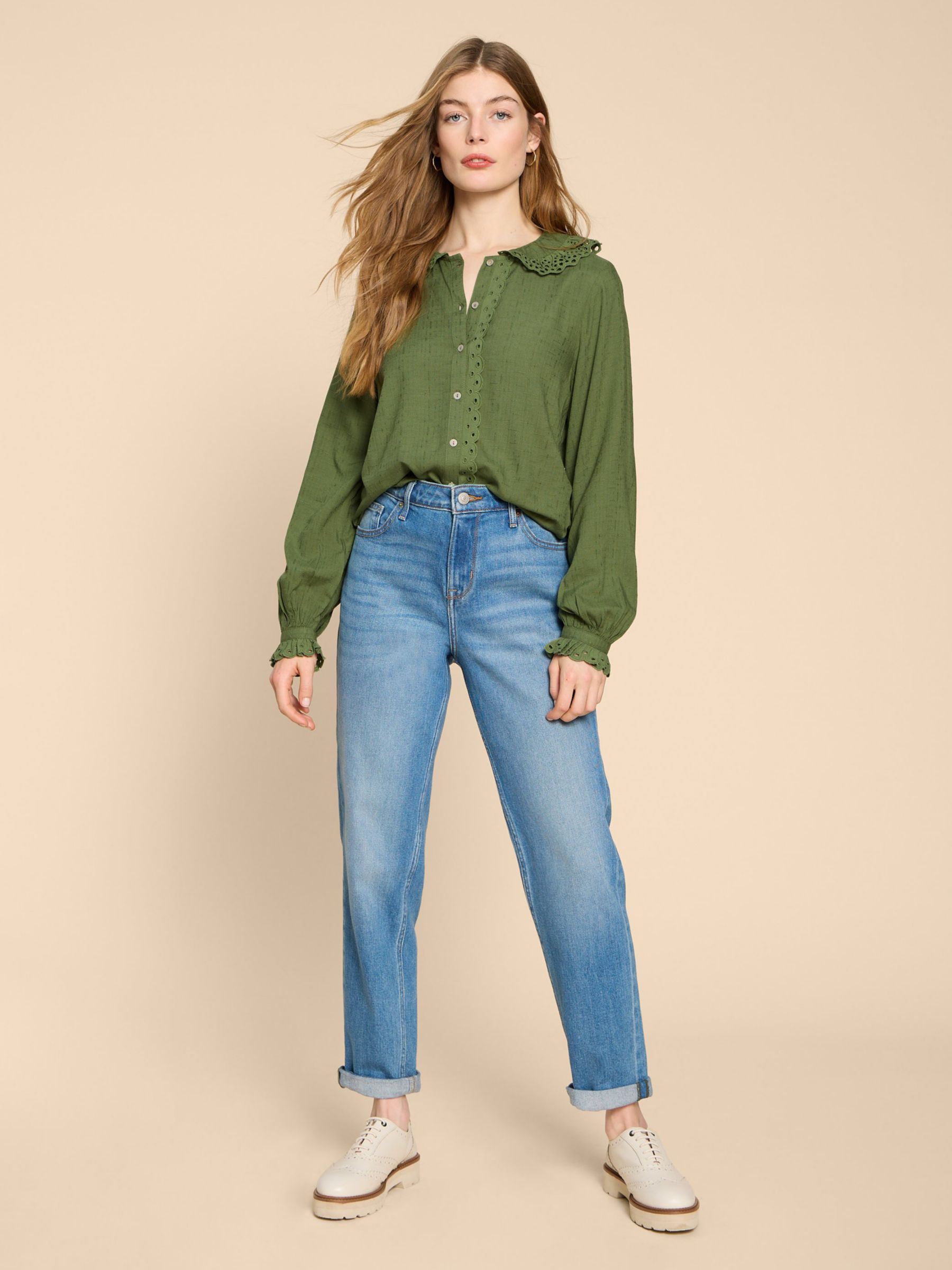 Buy White Stuff Lara Broderie Shirt, Mid Green Online at johnlewis.com