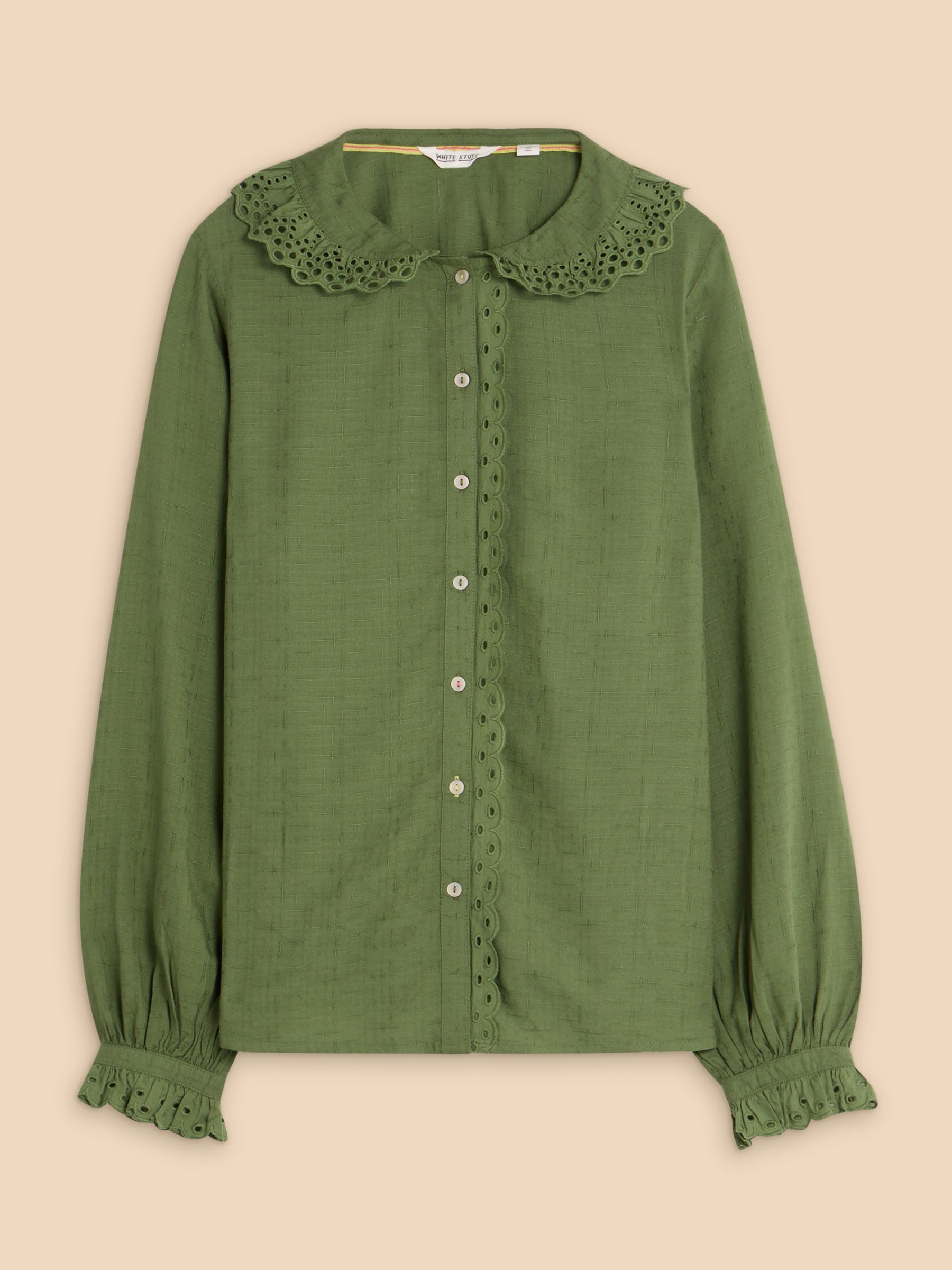 White Stuff Lara Broderie Shirt, Mid Green at John Lewis & Partners