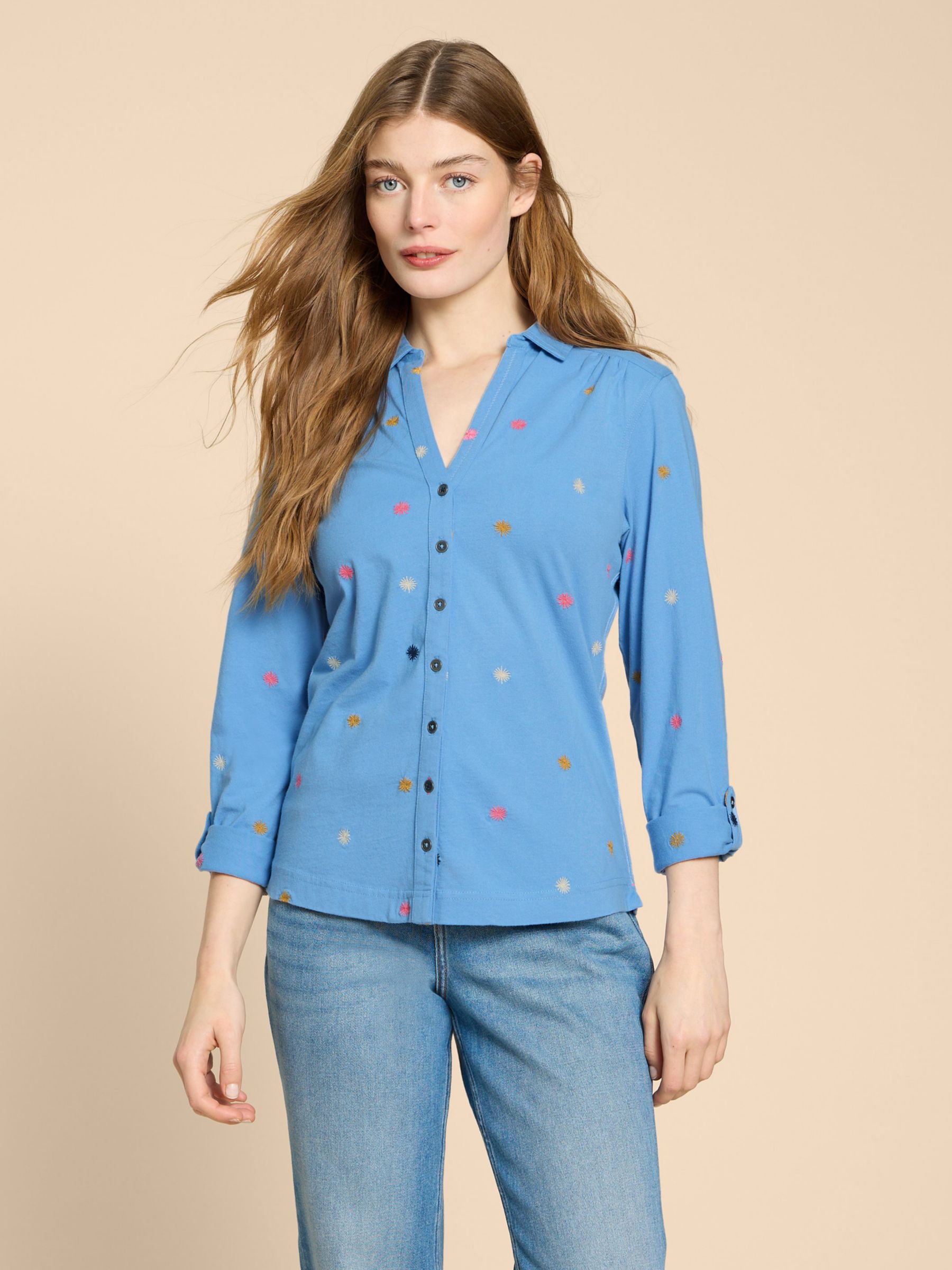 Buy White Stuff Annie Embroidered Jersey Shirt, Blue/Multi Online at johnlewis.com