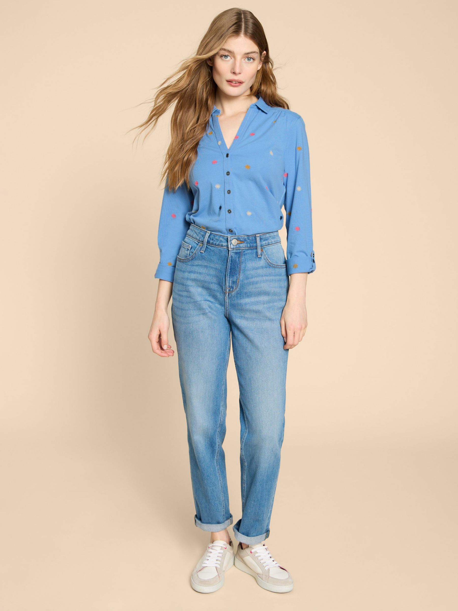 White Stuff Annie Embroidered Jersey Shirt, Blue/Multi at John Lewis ...