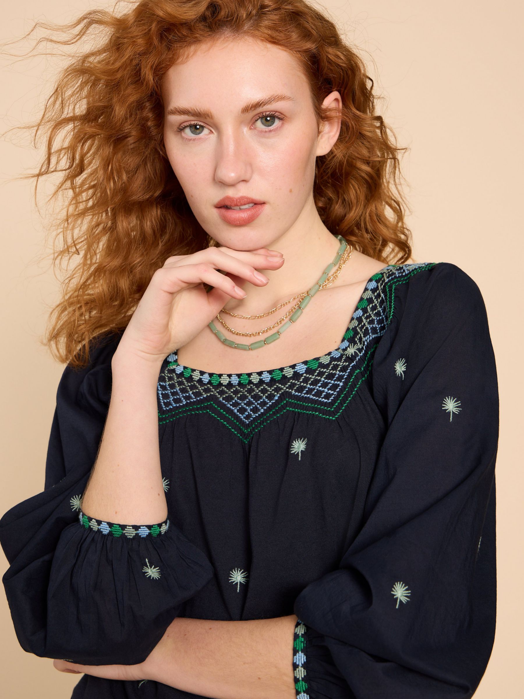 Buy White Stuff Tilly Embroidered Smock Top, Navy/Multi Online at johnlewis.com