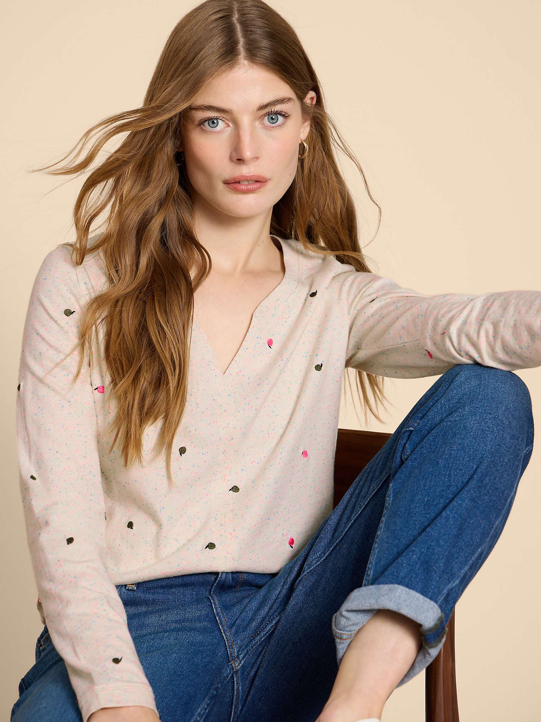 Buy White Stuff Nelly Long Sleeve Embroided T-Shirt, Neutral/Multi Online at johnlewis.com