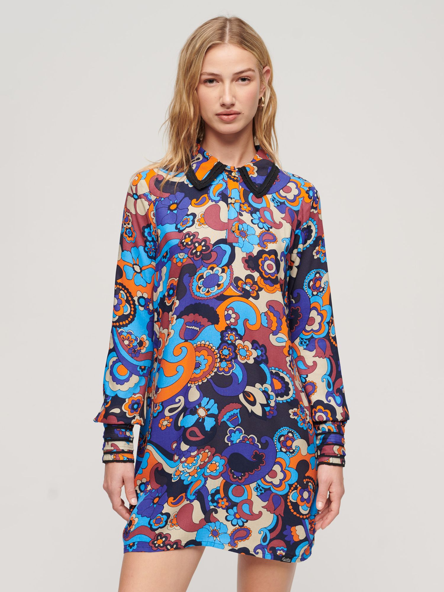 Superdry 60s Abstract Print Mini Shirt Dress, Cindy Blue/Multi at John ...