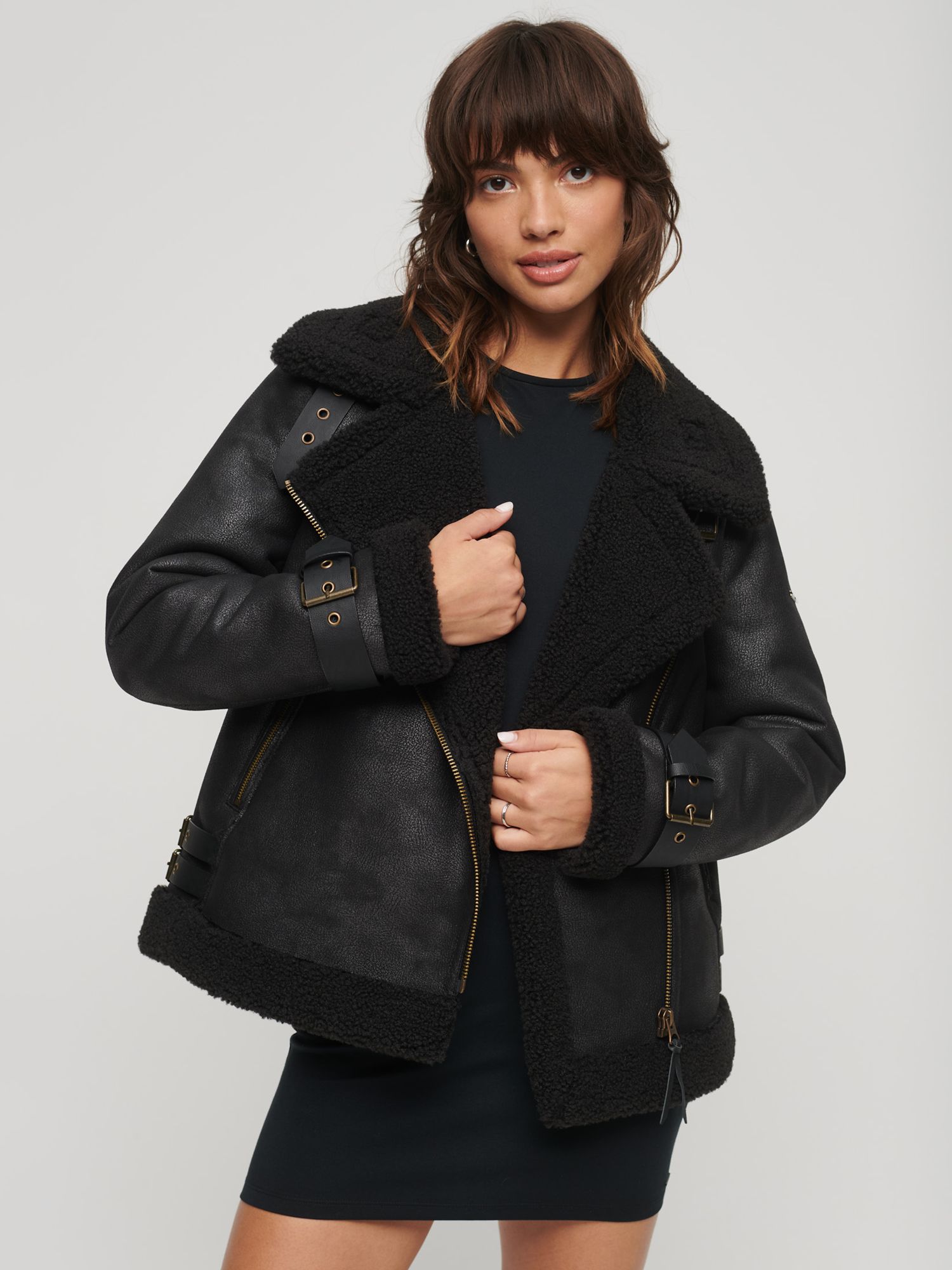 Superdry Faux Shearling Aviator Jacket, Black at John Lewis & Partners