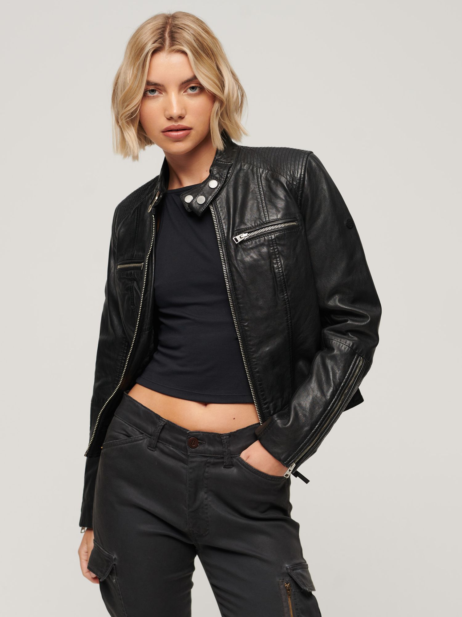 Superdry Fitted Leather Racer Jacket, Black at John Lewis & Partners