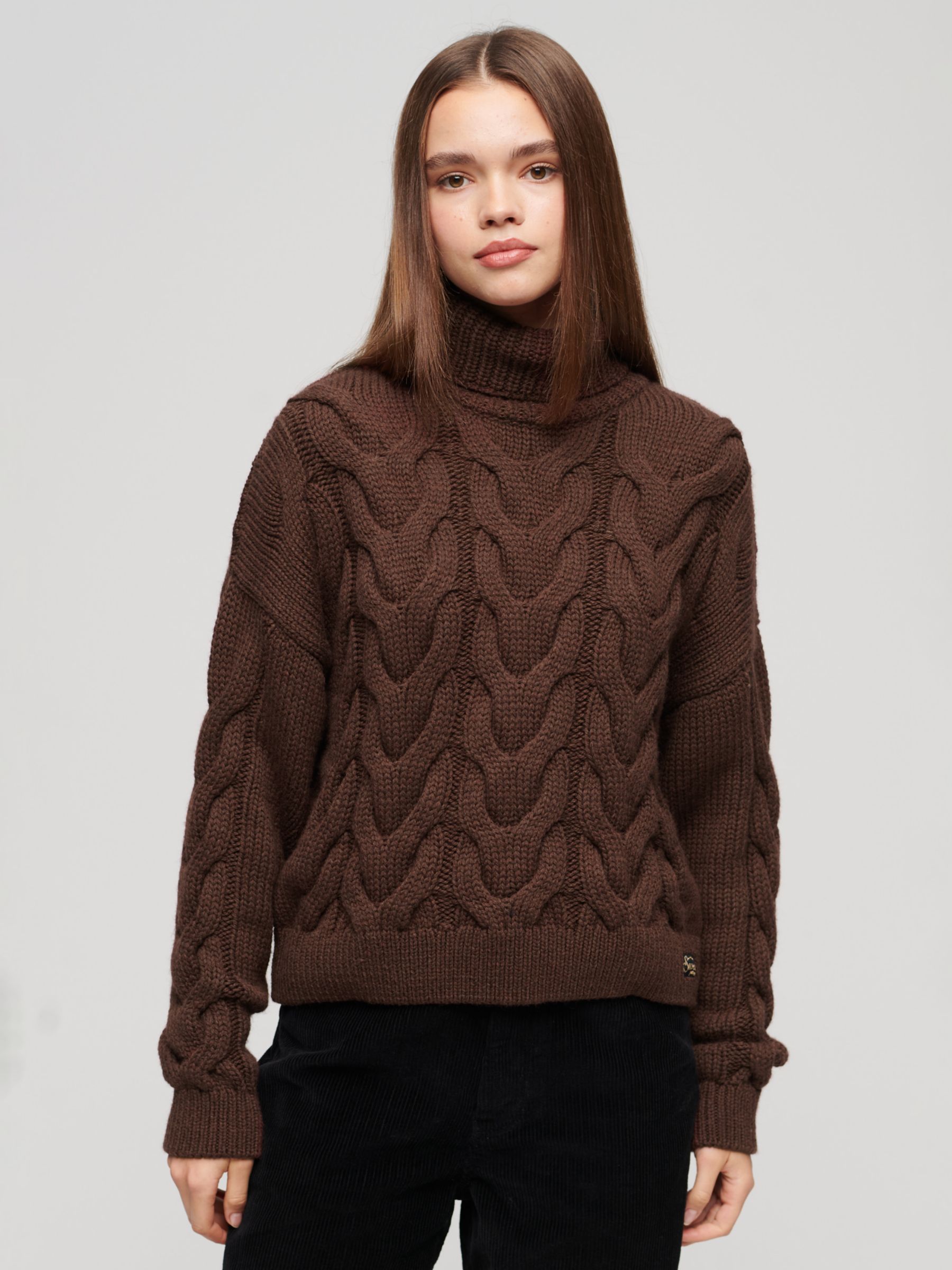 Superdry Wool Blend Chain Cable Knit Polo Jumper, Chicory Coffee at ...