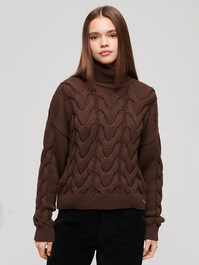 Superdry Wool Blend Chain Cable Knit Polo Jumper, Chicory Coffee