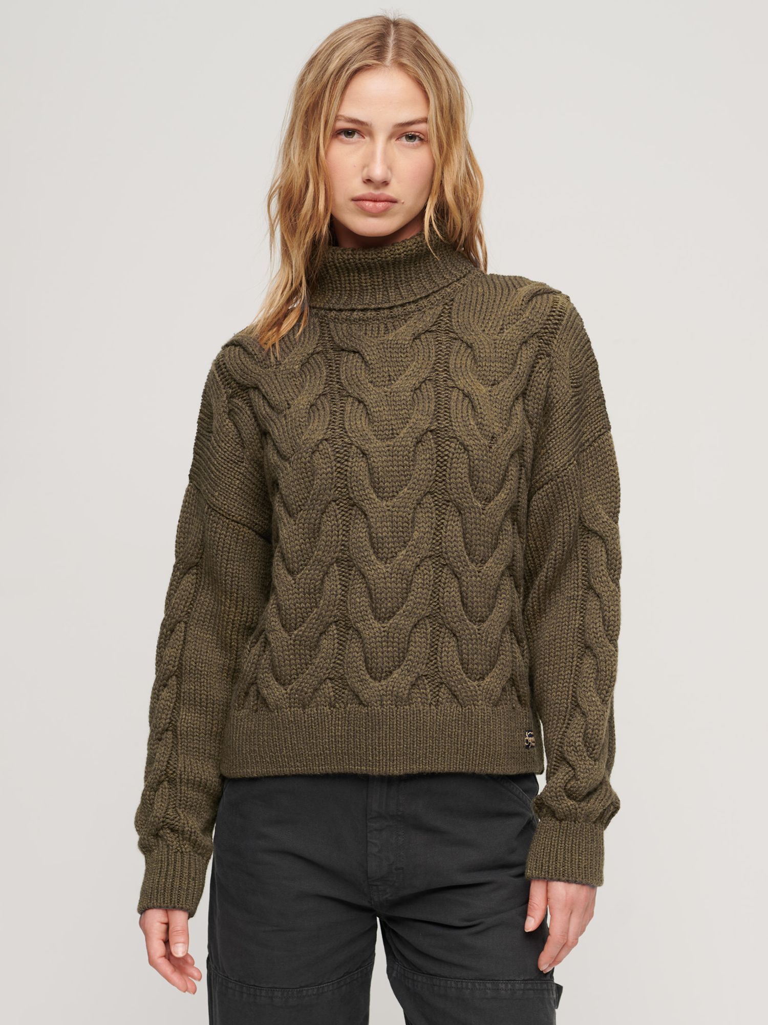 Superdry Wool Blend Chain Cable Knit Polo Jumper, Army Khaki at John ...