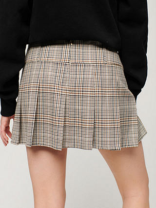 Superdry Low Rise Check Pleated Mini Skirt, Neutral Tweed