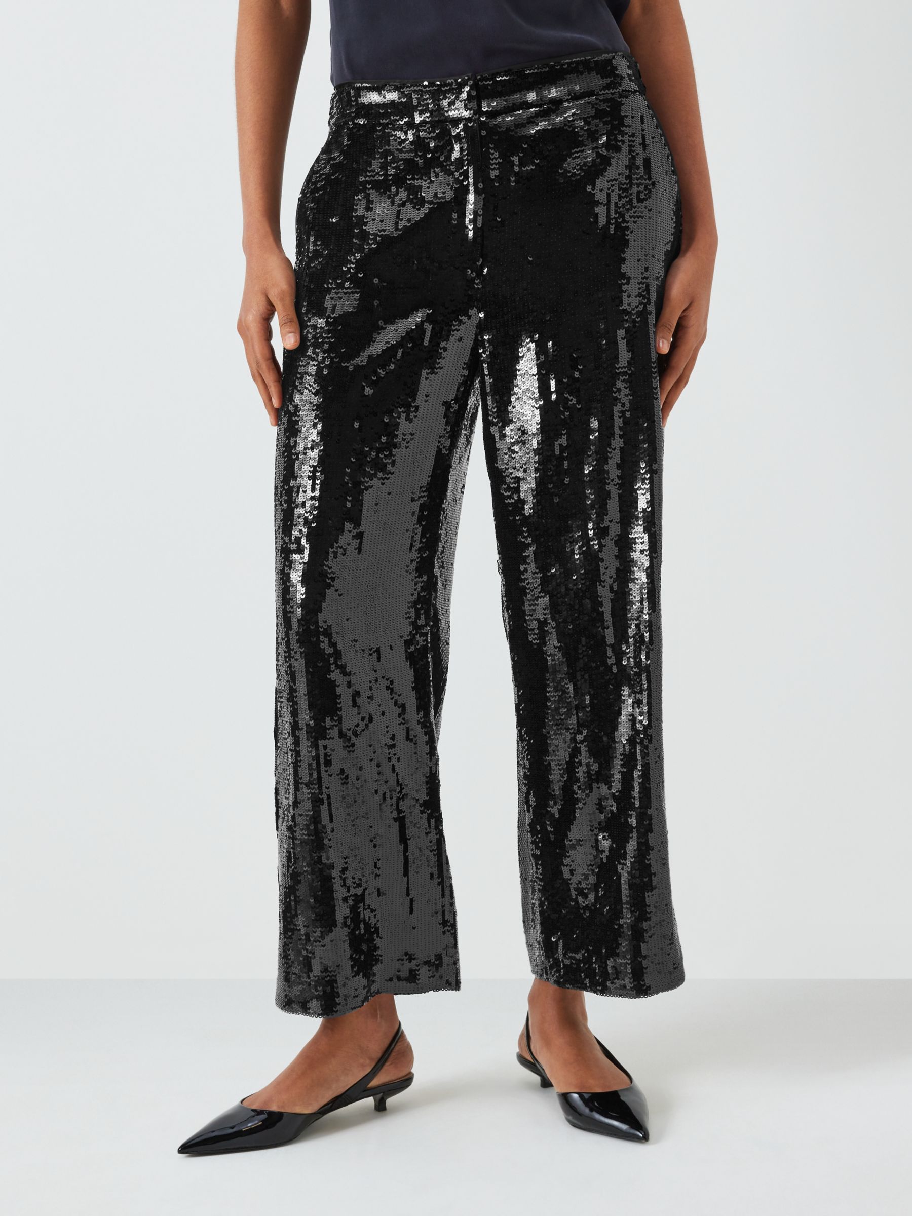 Theory Sequin Relax Straight Leg Trousers, Black, 8