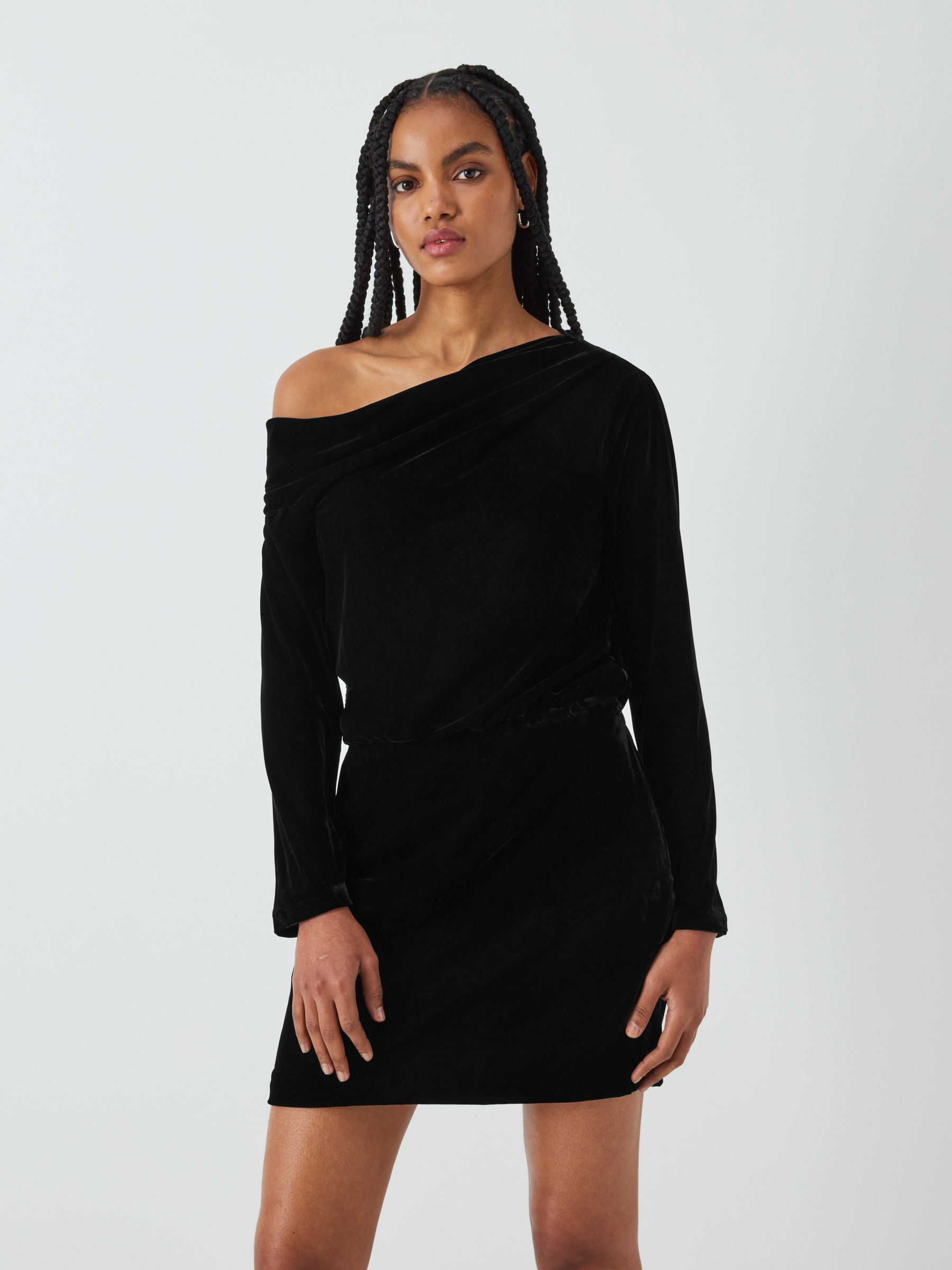 Theory Asymmetric Off Shoulder Velvet Mini Dress, Black, 10