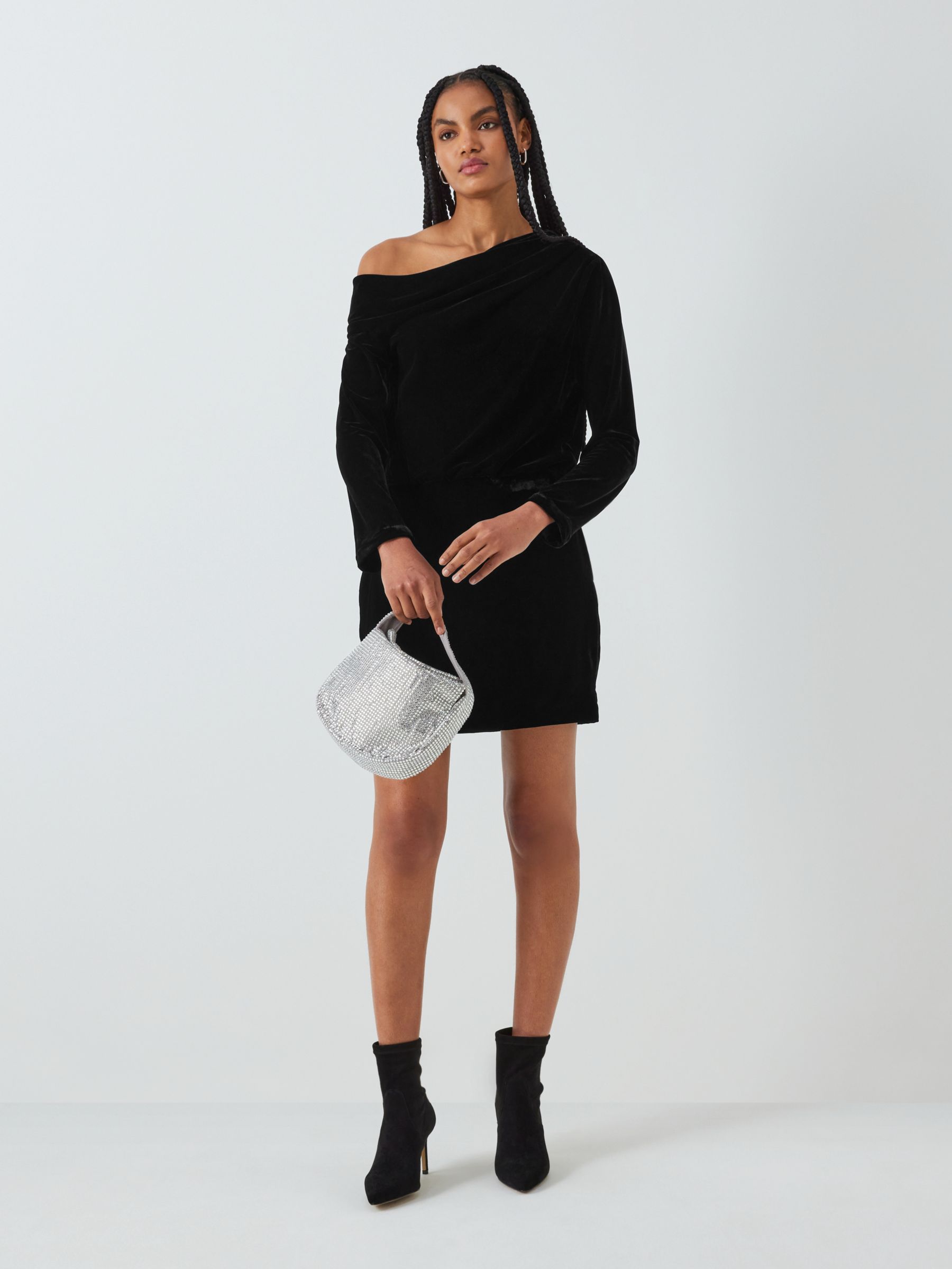 Theory Asymmetric Off Shoulder Velvet Mini Dress, Black, 10
