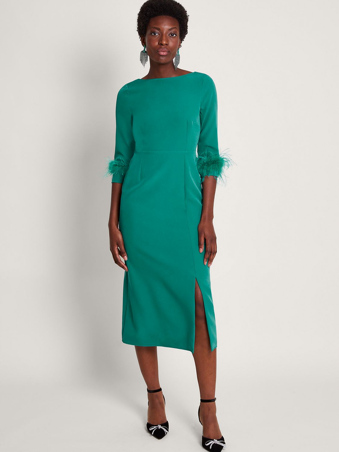 Monsoon Gwen Feather Trim Midi Dress, Green at John Lewis & Partners