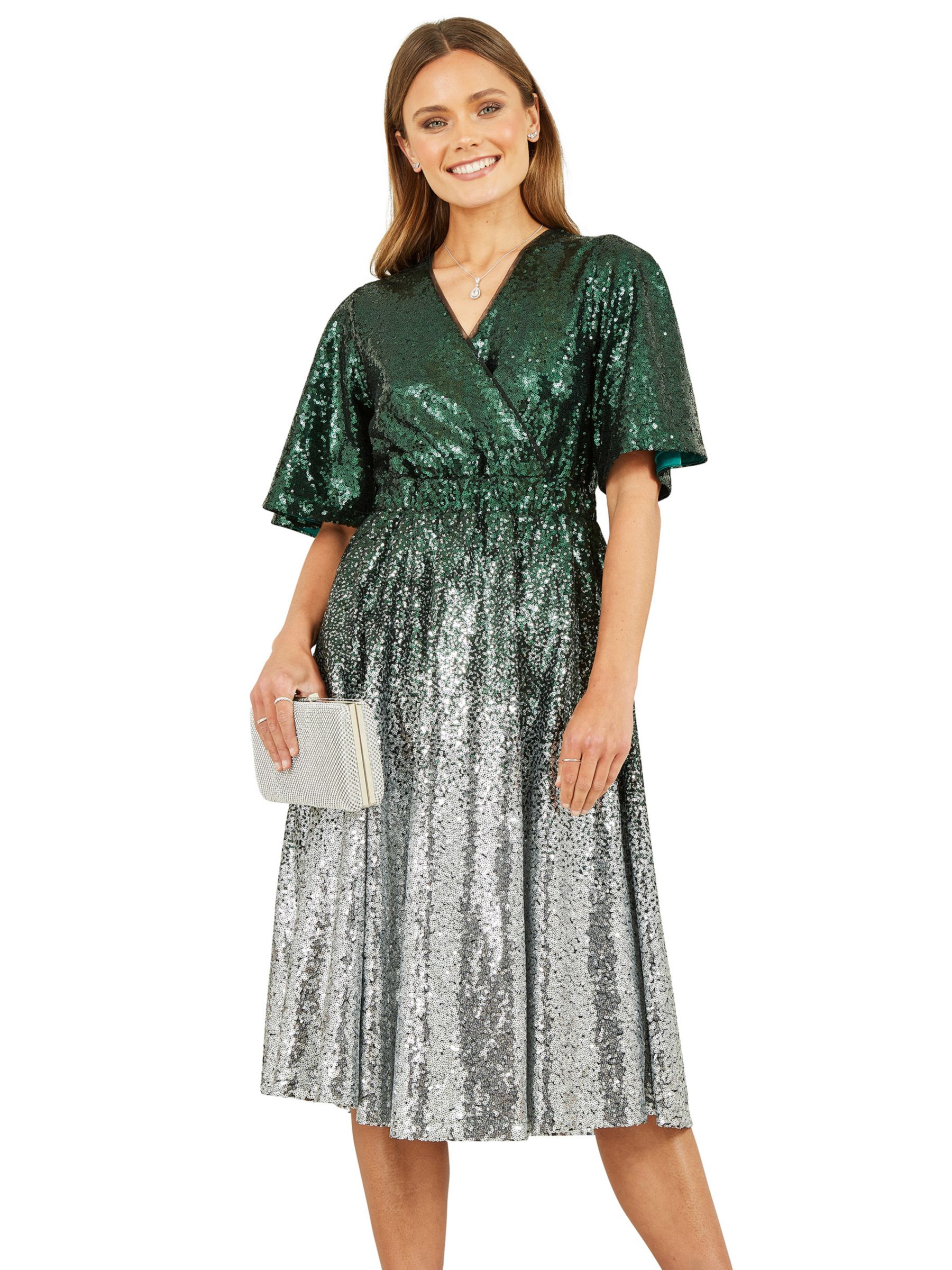 Yumi Ombre Sequin Midi Wrap Dress, Green/Silver