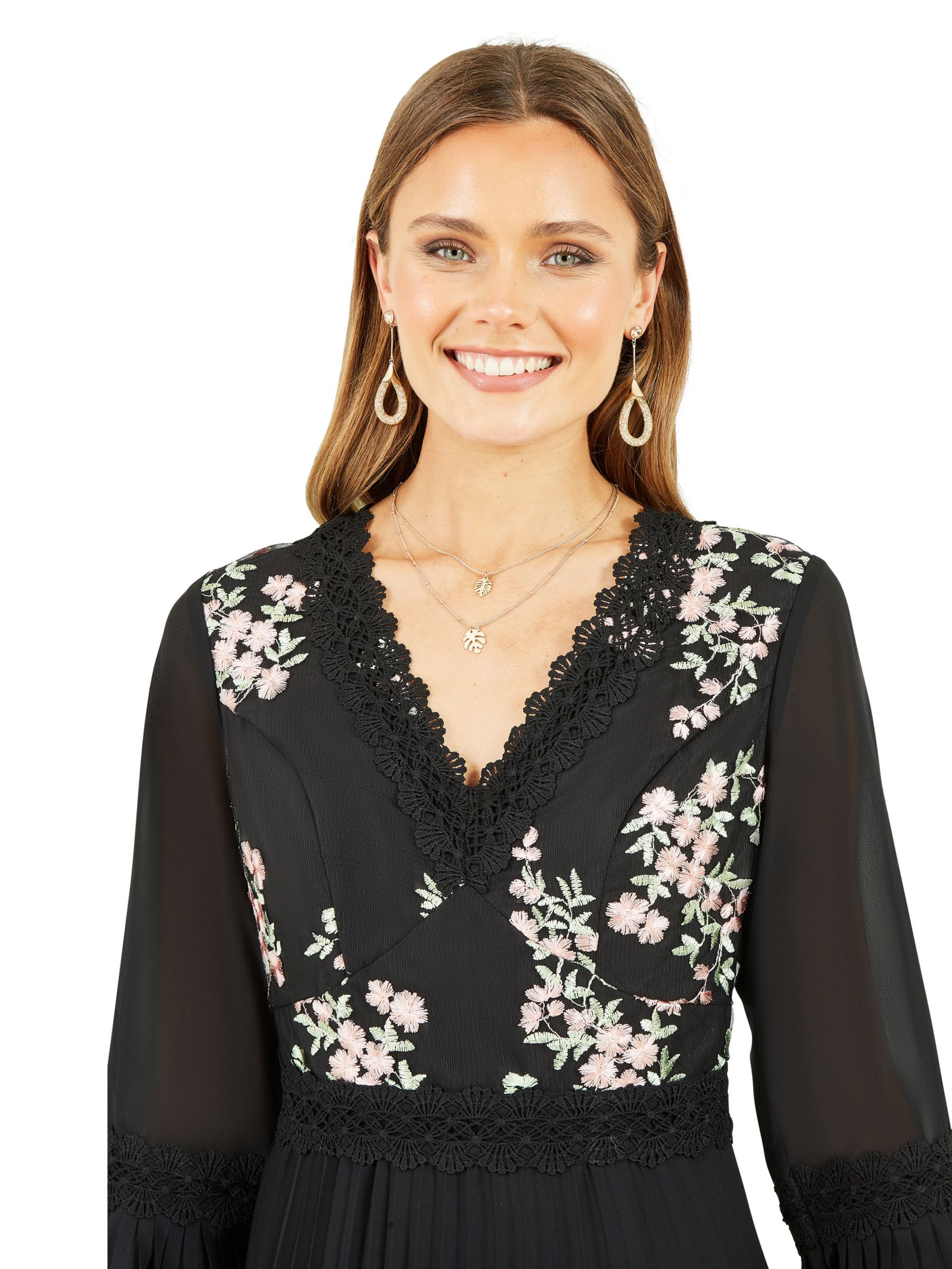 Buy Yumi Embroidered Panel Midi Dress With Pleats, Black/Multi Online at johnlewis.com