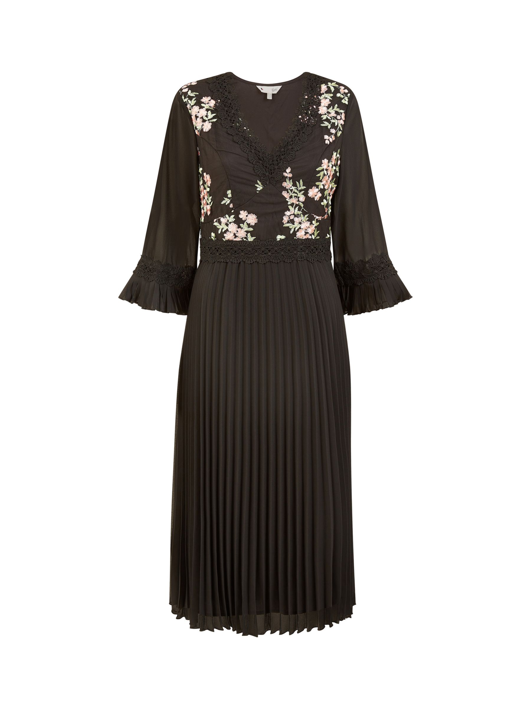 Yumi Embroidered Panel Midi Dress With Pleats, Black/Multi, 12