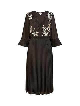 Yumi Embroidered Panel Midi Dress With Pleats, Black/Multi