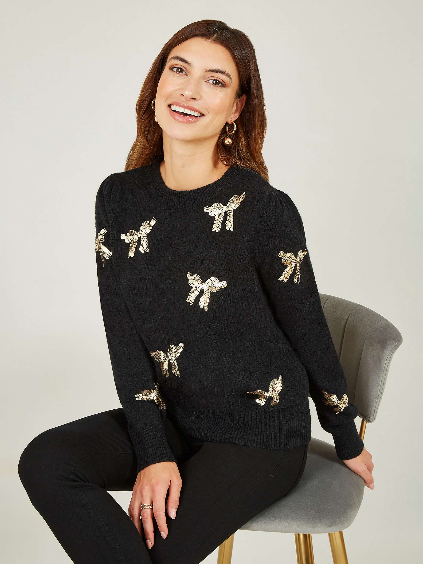 Buy Yumi Sequin Bow Knitted Jumper, Black Online at johnlewis.com