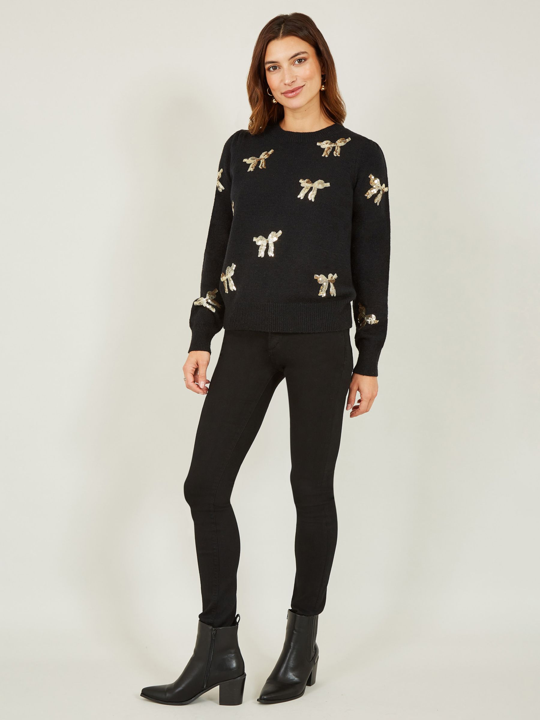 Yumi Sequin Bow Knitted Jumper, Black at John Lewis & Partners