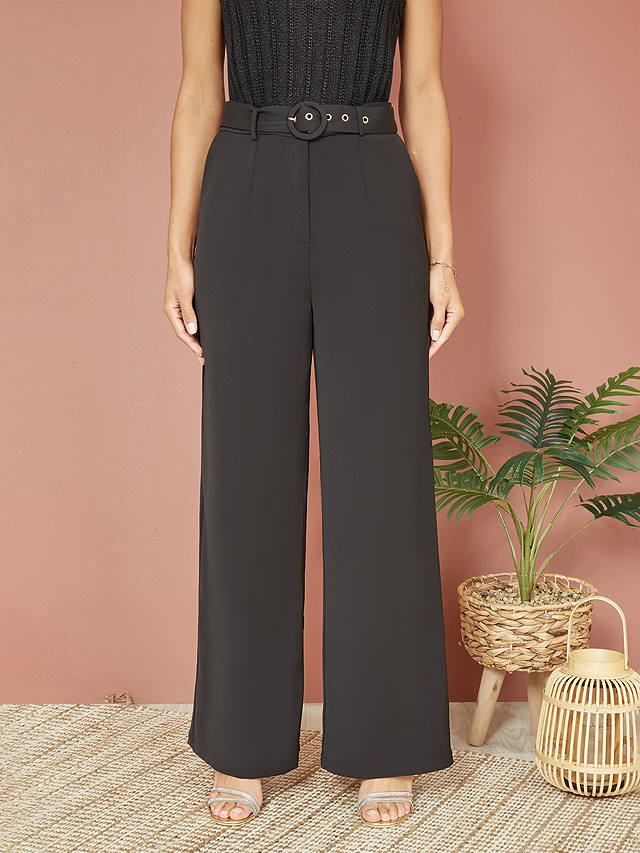 Yumi Straight Leg Crepe Belted Trousers, Black