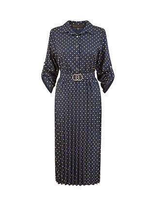 Yumi Mela London Pola Dot Pleated Midi Dress, Navy