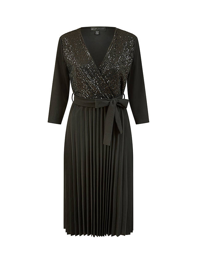 Yumi Mela London Sequin Wrap Midi Dress With Pleats, Black