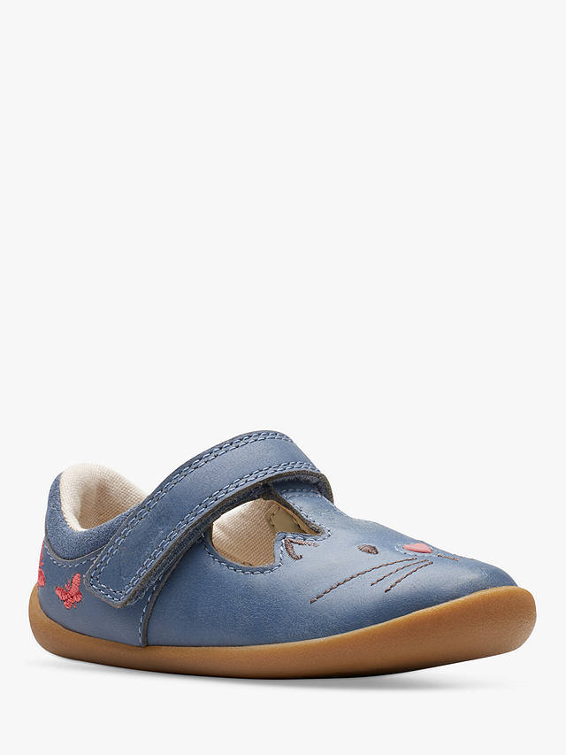 Clarks Baby Roamer Flash Ear Leather Embroidered T-Bar Shoes, Blue Denim