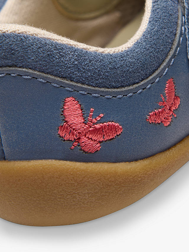 Clarks Baby Roamer Flash Ear Leather Embroidered T-Bar Shoes, Blue Denim