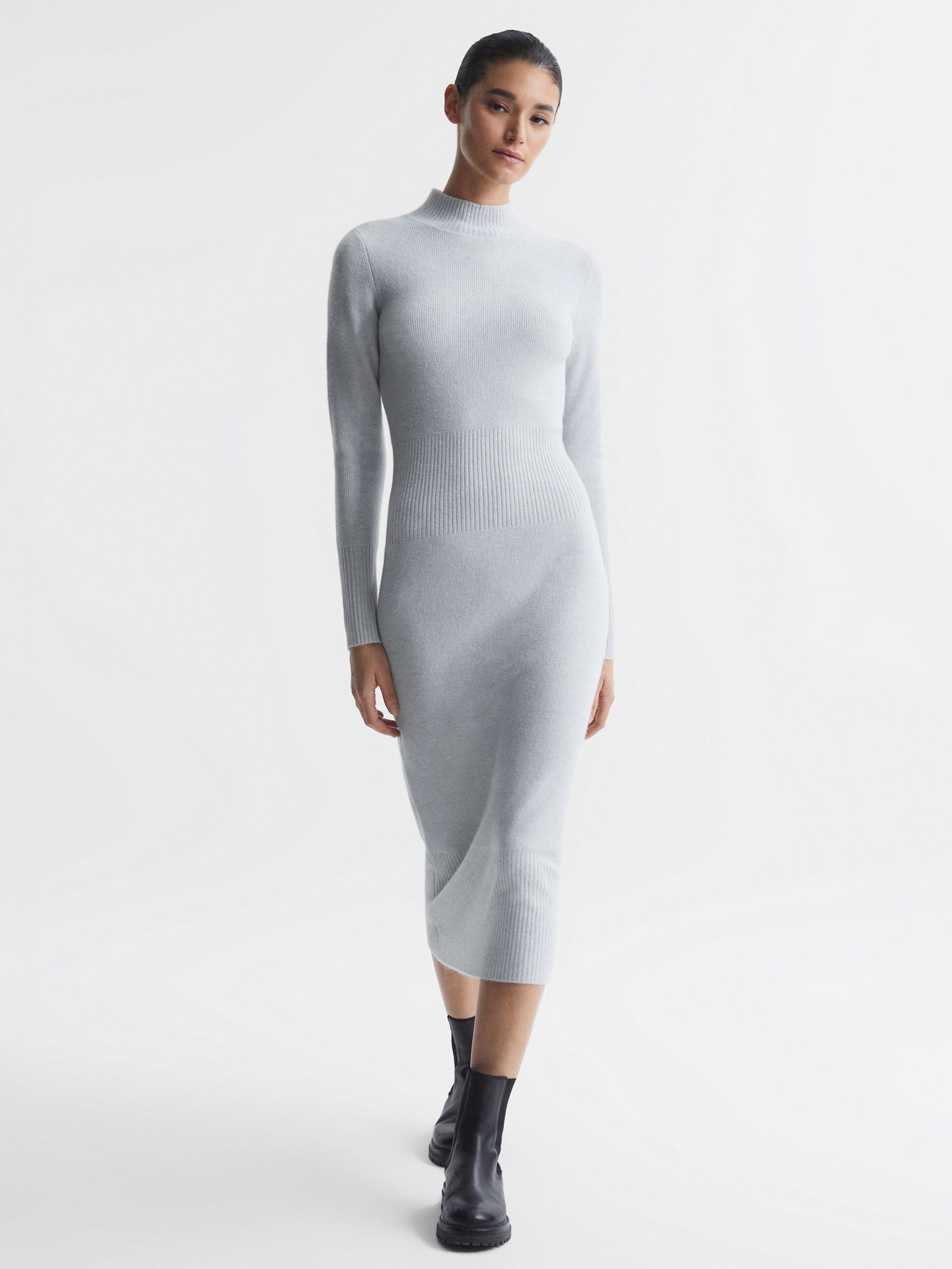 Reiss Mara Bodycon Knit Wool Cashmere Blend Midi Dress, Grey, XS