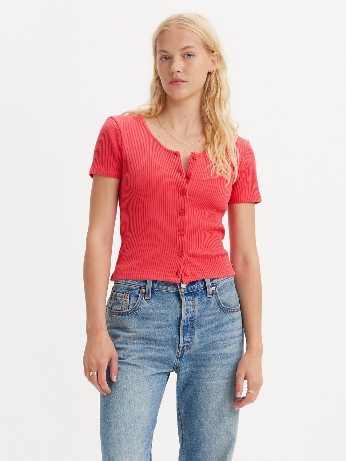 Levi's Monica Button Front Short Sleeve Top, Coral Red, XS