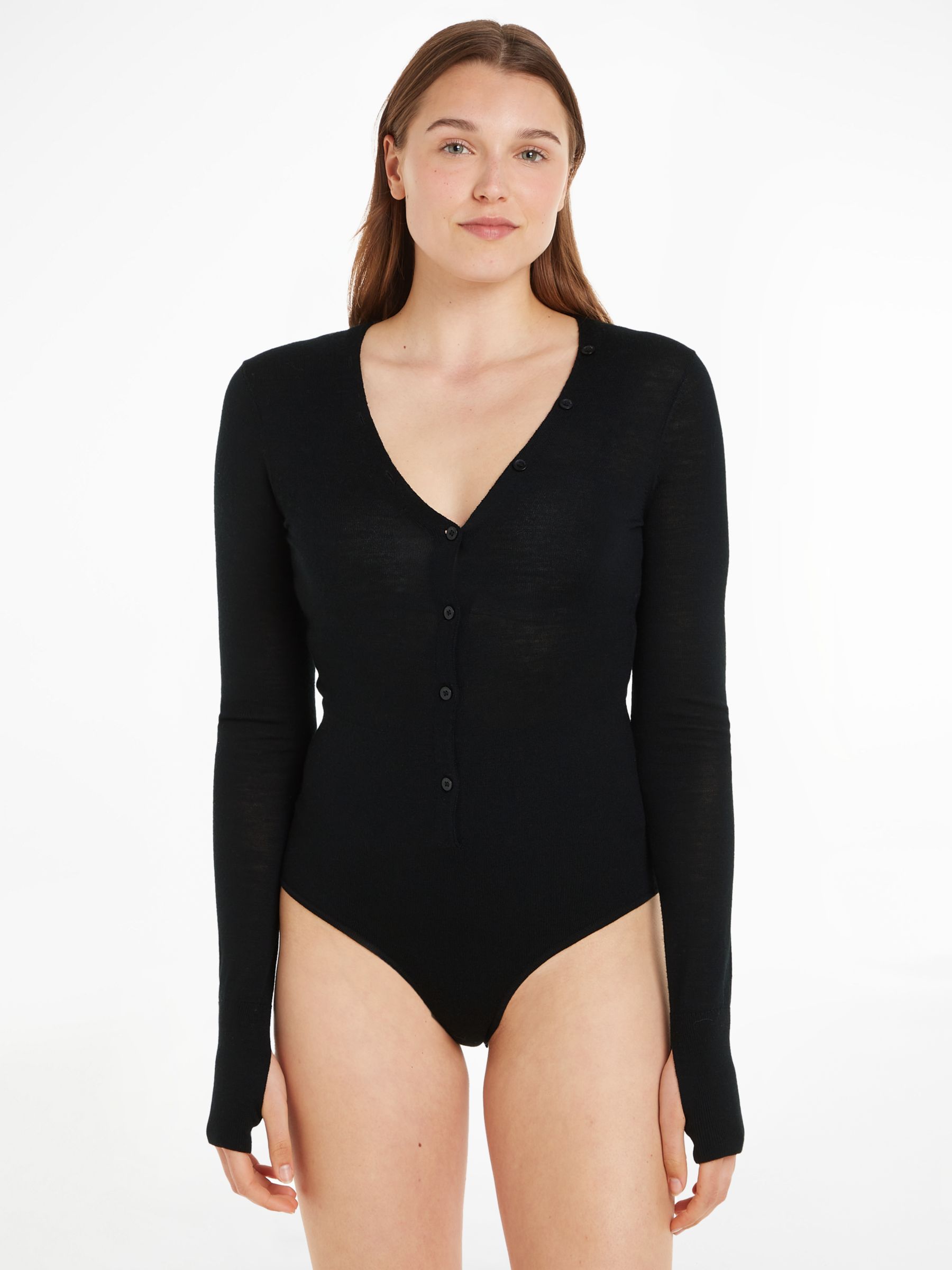 Calvin Klein Henley Fine Wool Bodysuit, Black at John Lewis & Partners