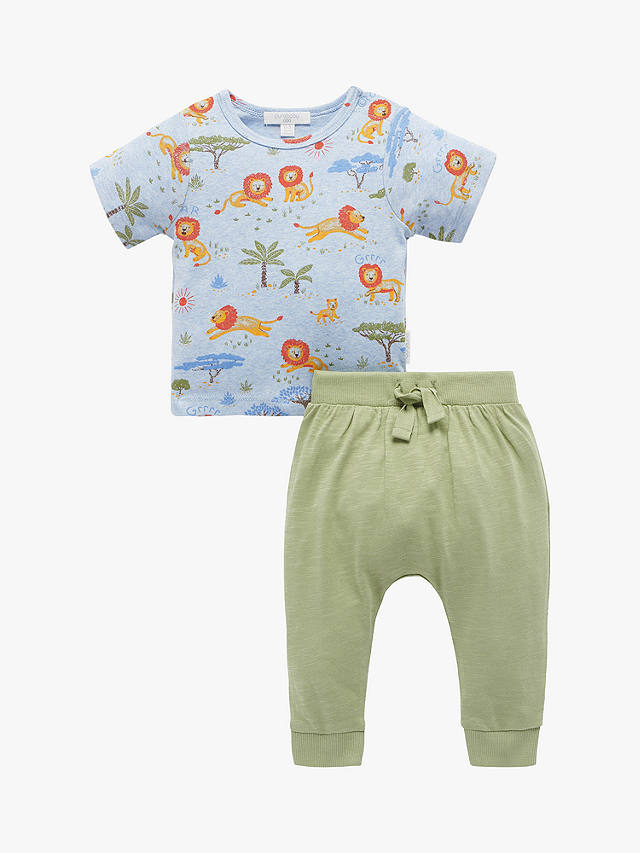 Purebaby Baby Organic Cotton Lion Print T-Shirt & Slouchy Trousers Set, Blue/Multi