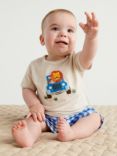 Purebaby Baby Organic Cotton & Linen Blend Animal Appliqe T-Shirt & Gingham Shorts Set, Blue/Multi