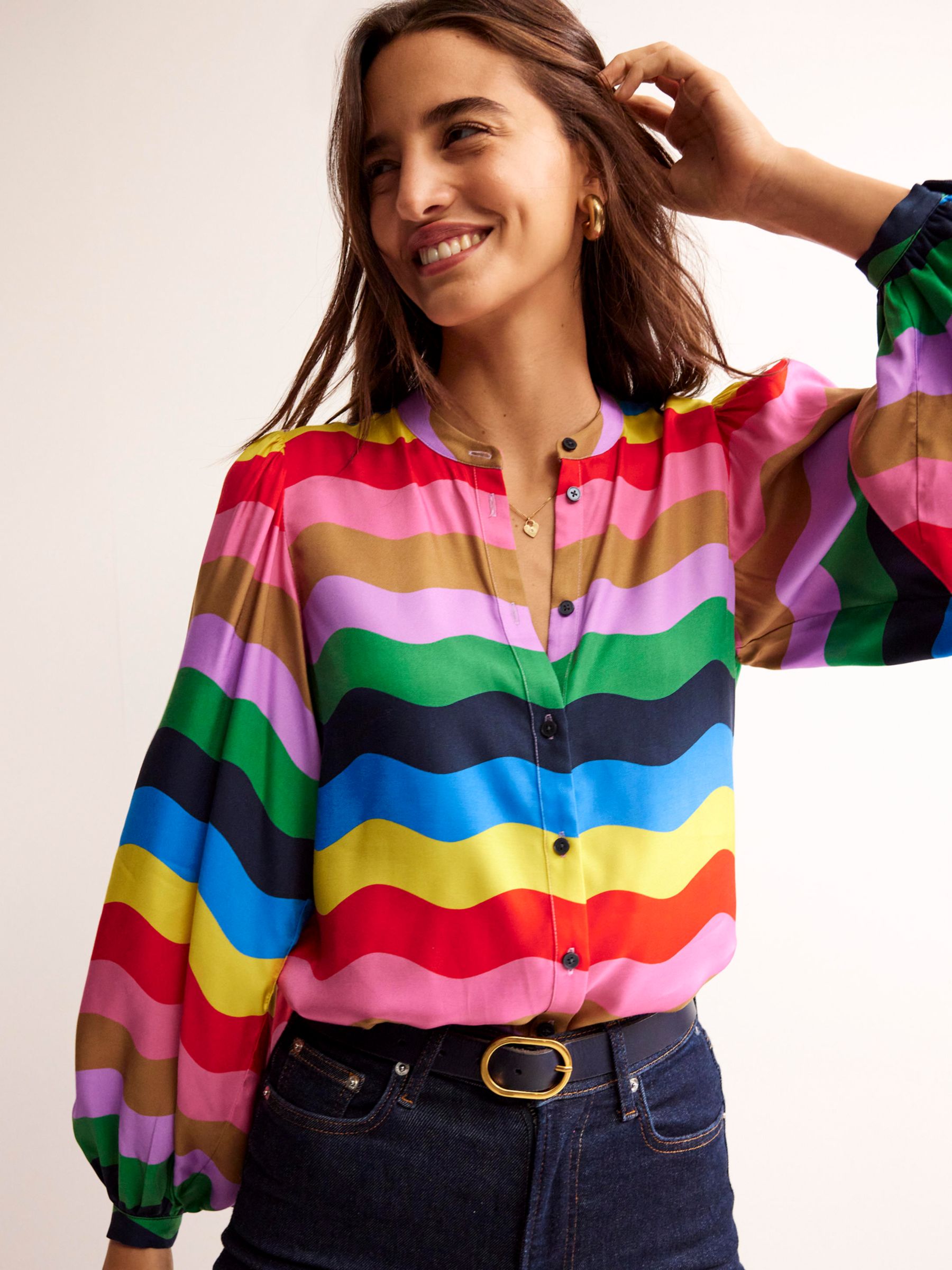 Boden Rainbow Wave Stripe Blouson Sleeve Top, Multi at John Lewis