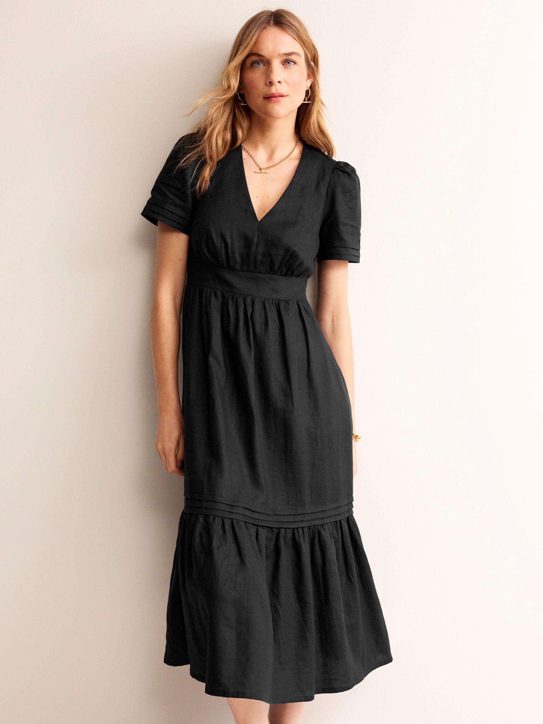 Boden Short Sleeve Midi Linen Dress, Black at John Lewis & Partners