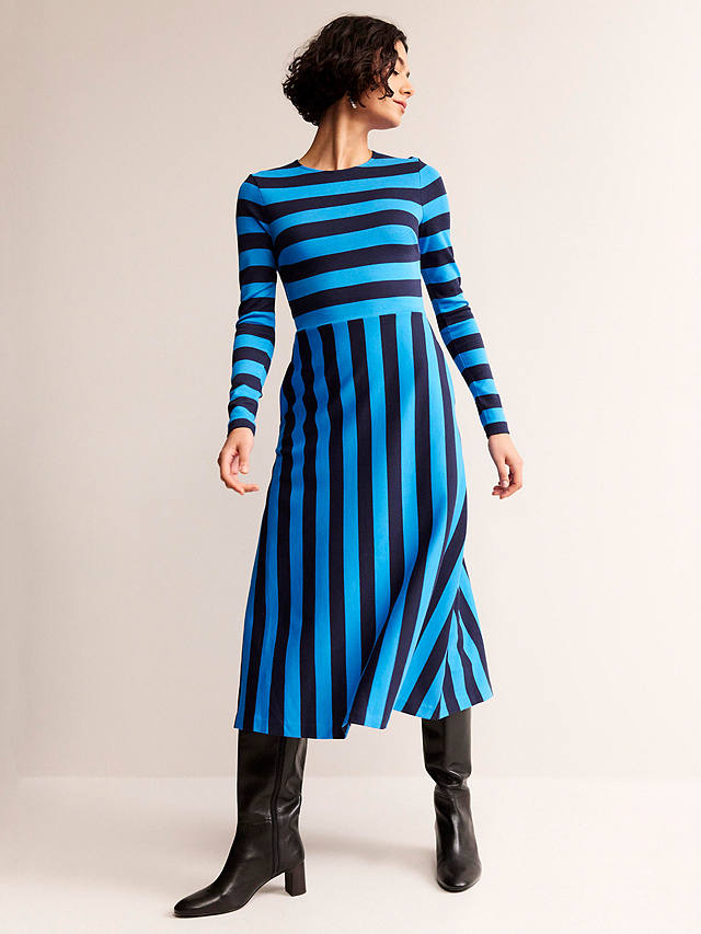 Boden Stripe Midi Jersey Dress, Navy/Turquoise