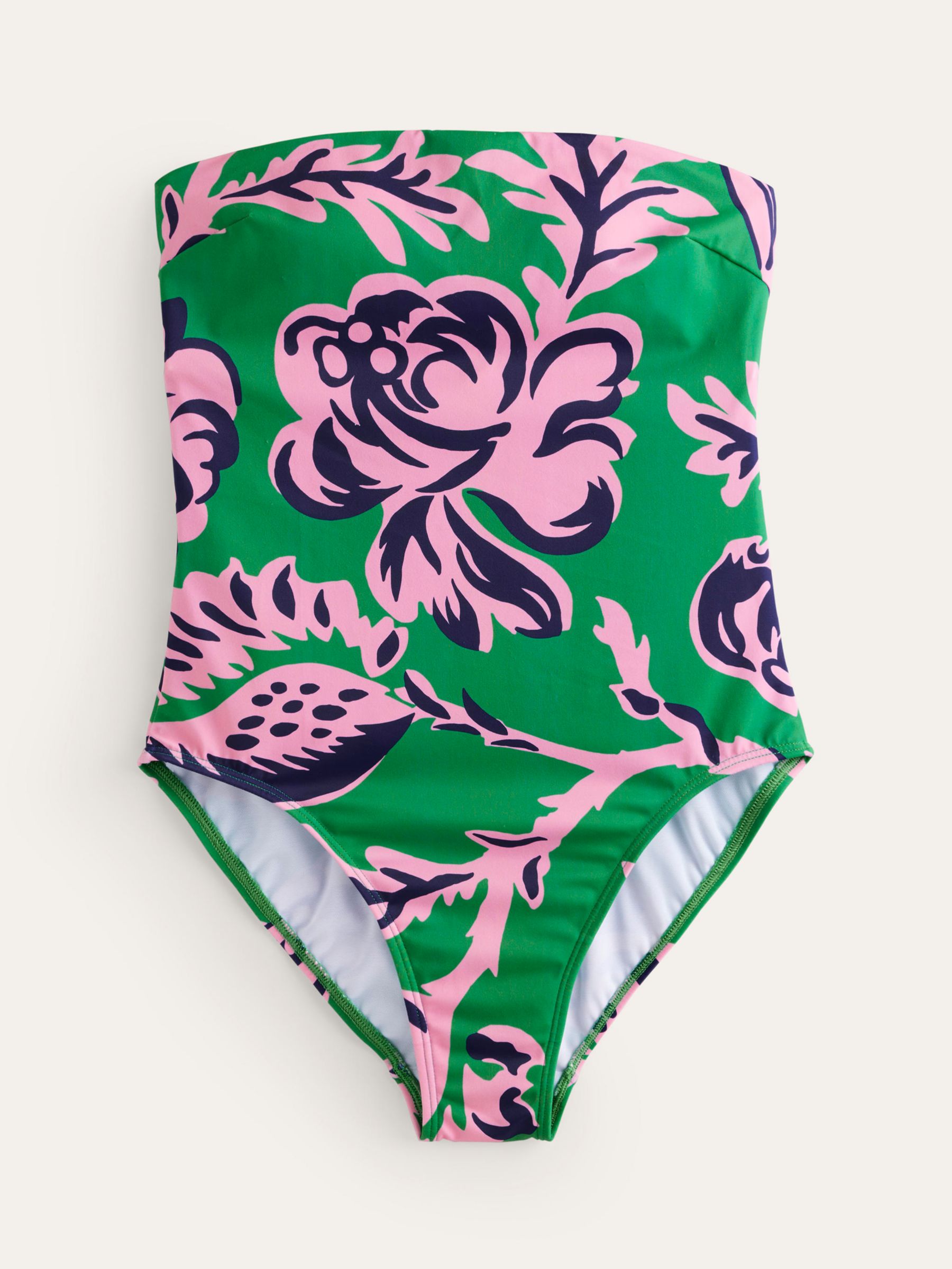 Boden Support Floral Bandeau Swimsuit, Green/Rose Blush, 34A