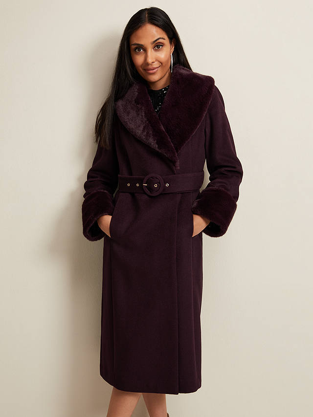 Phase Eight Petite Zylah Wool Blend Faux Fur Collar Smart Coat, Burgundy