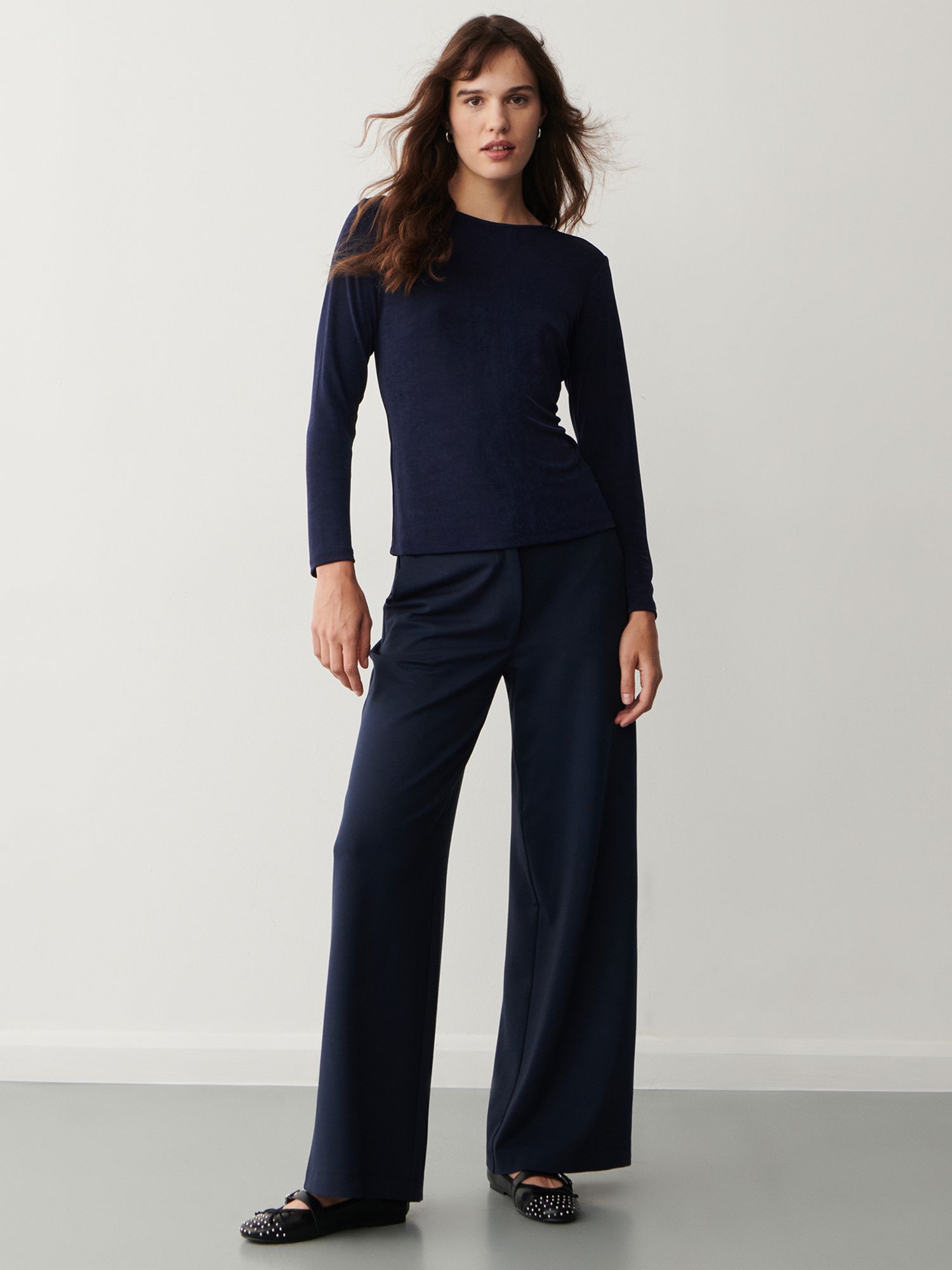 Finery Frankie Ponte Jersey Trousers, Navy at John Lewis & Partners