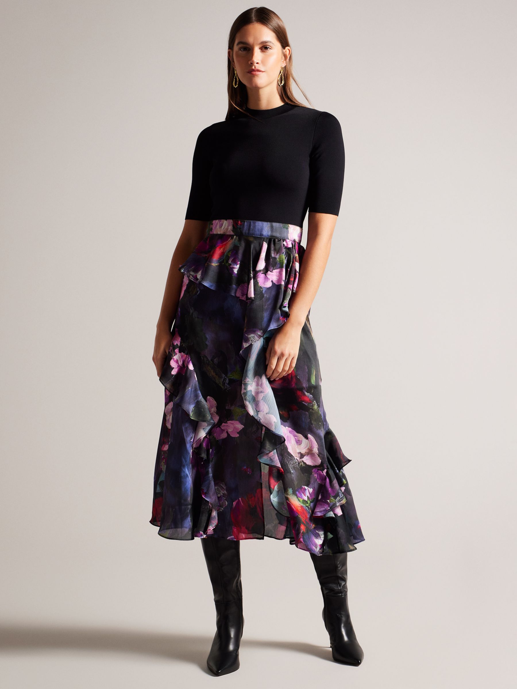 Ted Baker Rowana Fitted Knit Bodice Dress With Ruffle Skirt, Black at ...