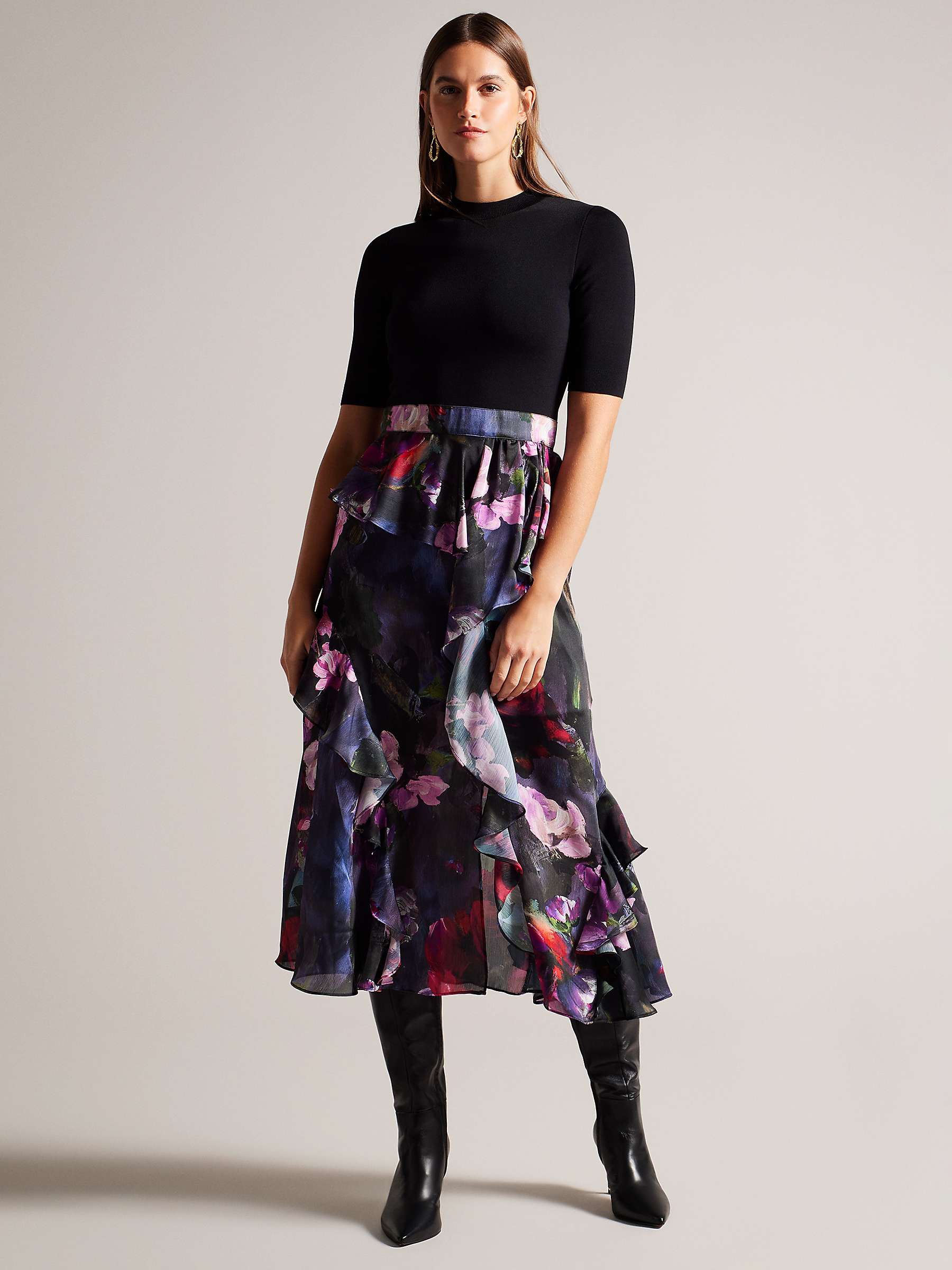 Buy Ted Baker Rowana Fitted Knit Bodice Dress With Ruffle Skirt, Black Online at johnlewis.com