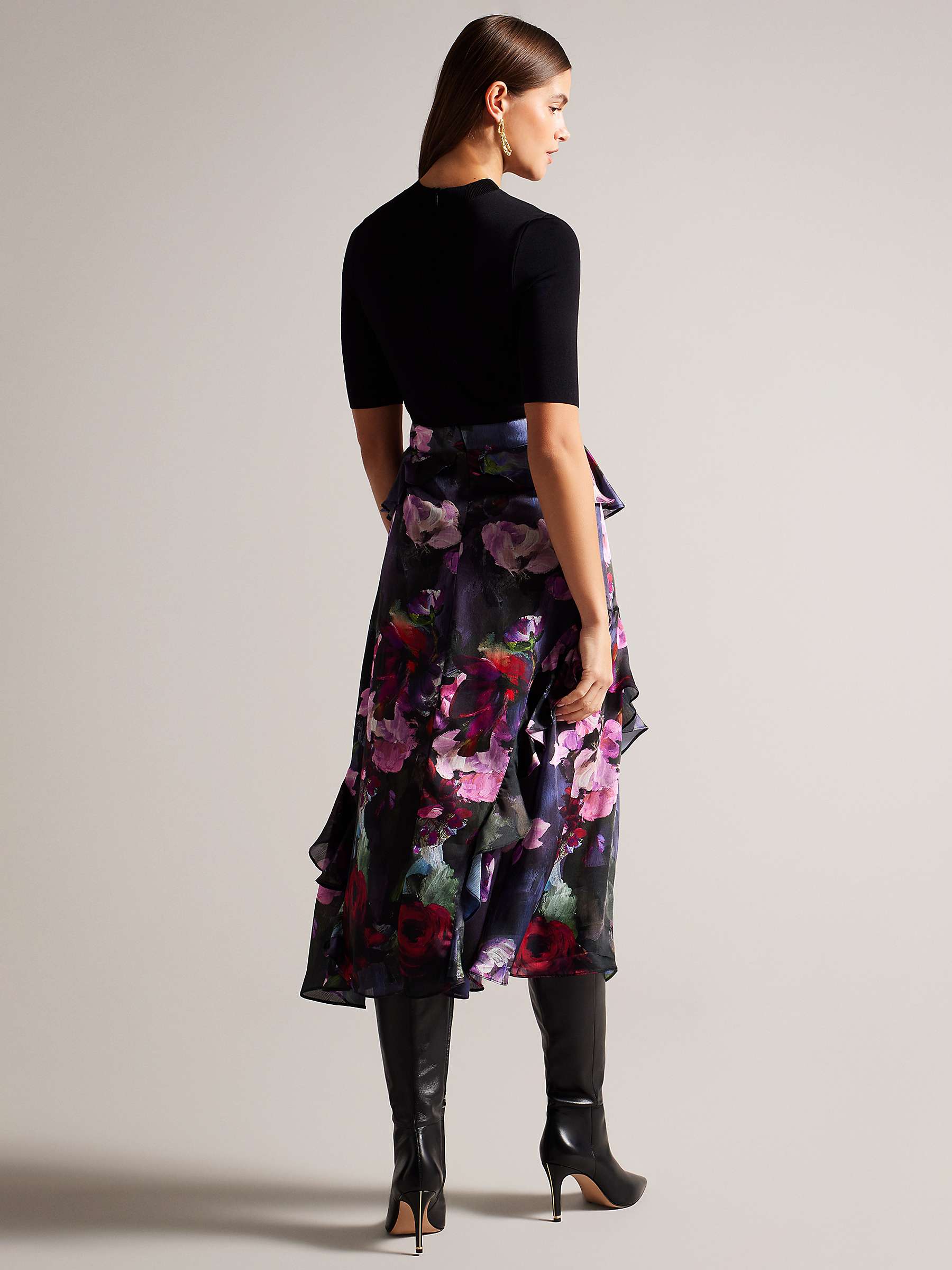 Buy Ted Baker Rowana Fitted Knit Bodice Dress With Ruffle Skirt, Black Online at johnlewis.com